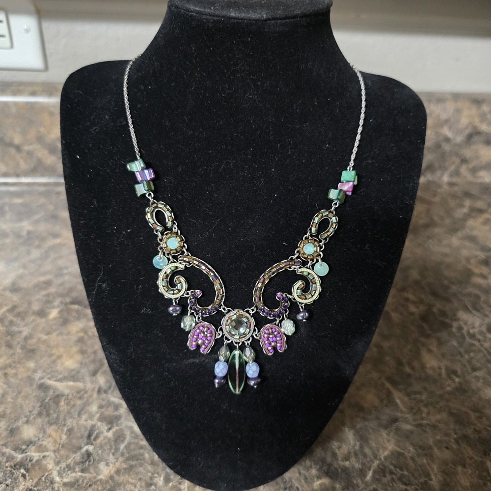 Ayala Bar Necklace Signed Purple Glass Crystal Mosaic Boho Statement Bib